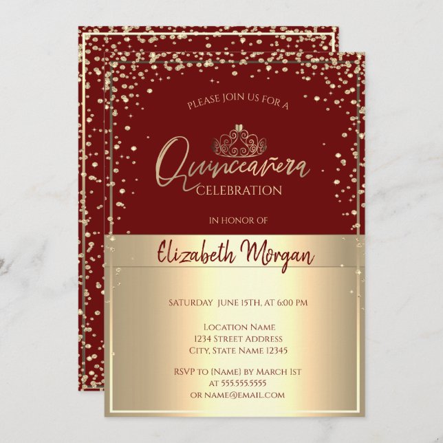 Invitation Chic Gold Tiara, Diamonds Red Quinceañera (Devant / Derrière)