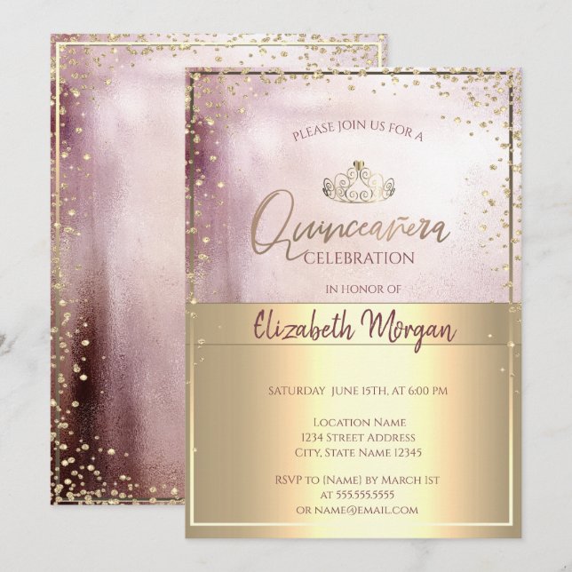 Invitation Chic Gold Tiara, Diamonds Rose Gold Quinceañera (Devant / Derrière)