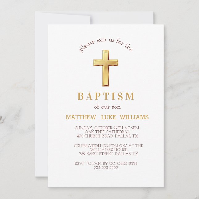 Invitation Chic Gold Typographie Croix Baptême (Devant)