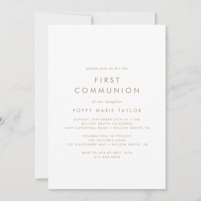 Invitation Chic Gold Typographie Première communion Invitatio (Devant)