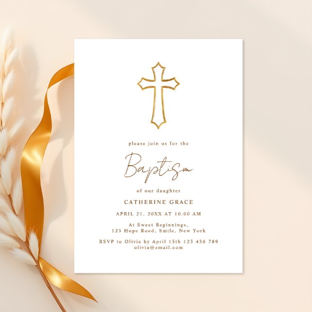 Invitation Chic Golden Cross Typographie Baptême (Créateur téléchargé)