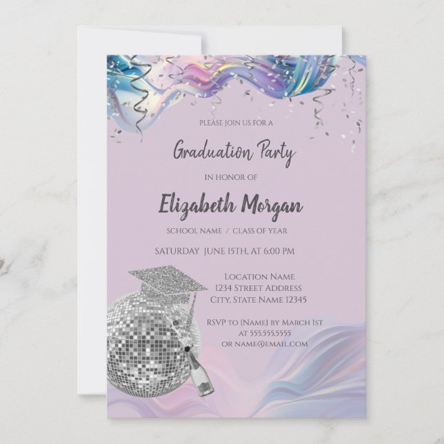 Invitation Chic Grad Cap,Disco Ball,Wine Violet Abstract (Devant)