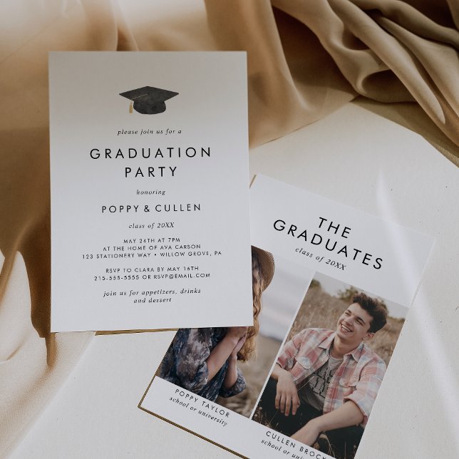 Invitation Chic Grad Casquette Photo Double Graduation Party (Créateur téléchargé)