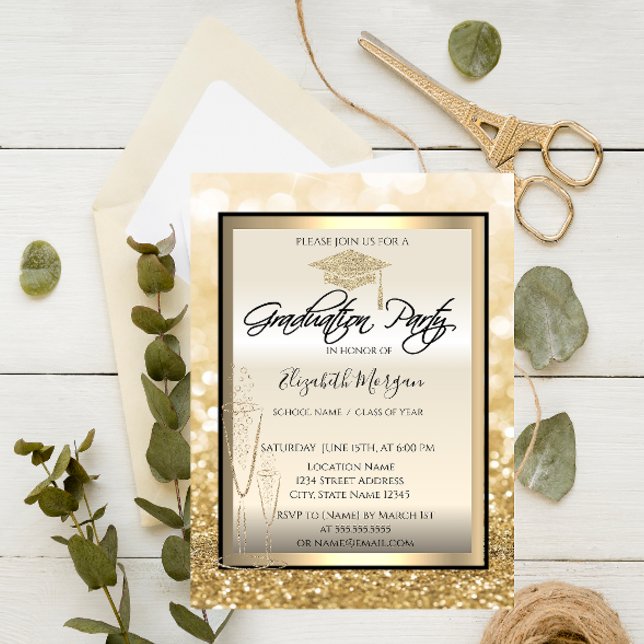 Invitation Chic Graduation Cap, Glass Gold Bokeh Graduation (Créateur téléchargé)