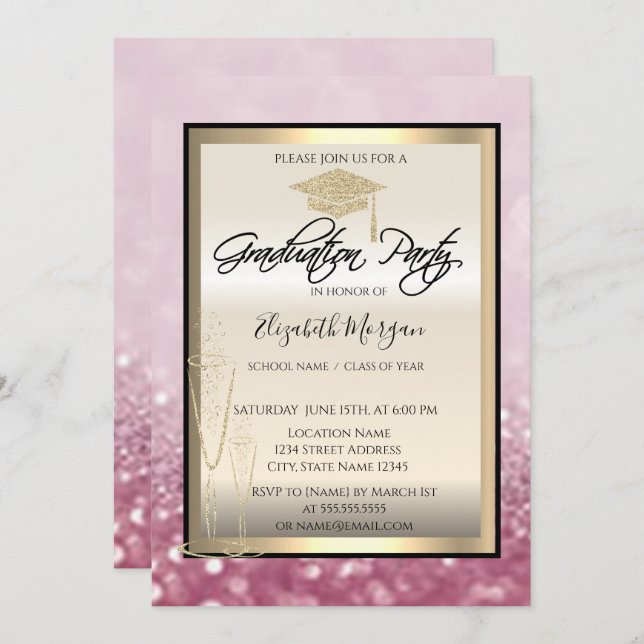 Invitation Chic Graduation Cap, Parties scintillant de verre  (Devant / Derrière)