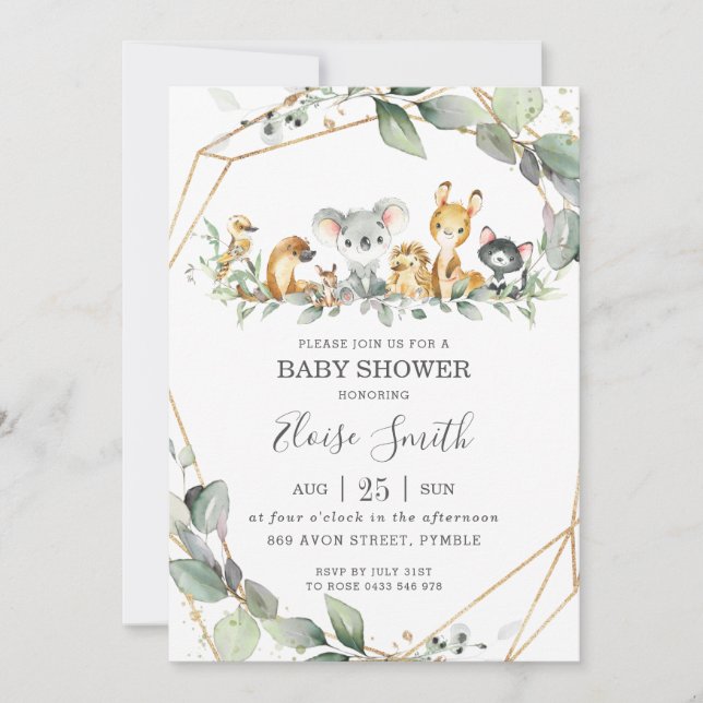 Invitation Chic Green Baby shower d'animaux australiens (Devant)