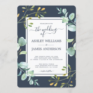 Invitation Chic Green Eucalyptus Marine Bleu Mariage botaniqu