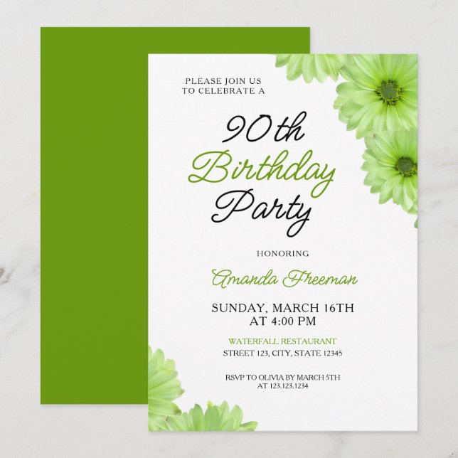 Invitation Chic Green Floral 90e anniversaire Fête (Devant / Derrière)