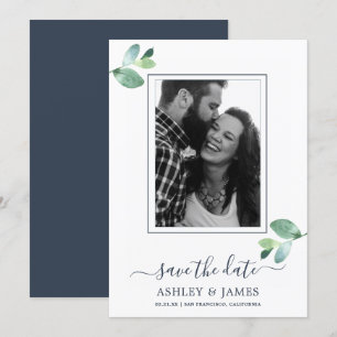 Invitation Chic Green Foliage Bleu foncé Photo Sauvez la date