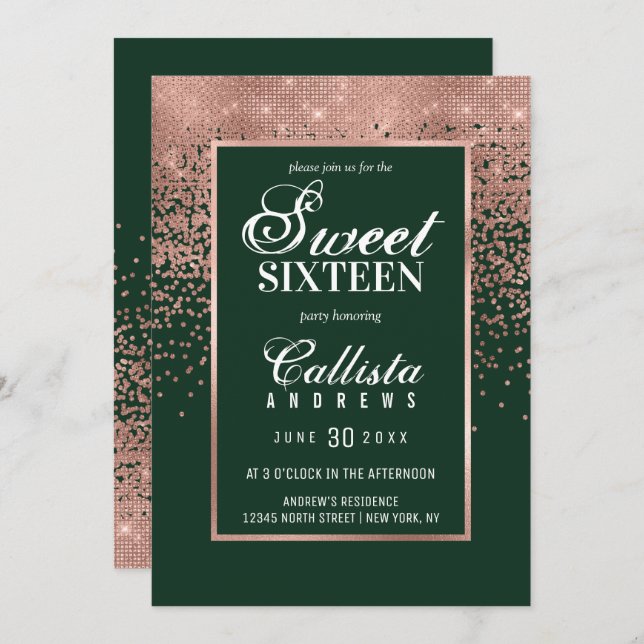 Invitation Chic Green Rose Parties scintillant or Confetti Sw (Devant / Derrière)