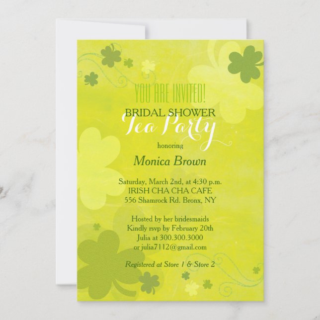 Invitation Chic Green Shamrock Fête des mariées irlandaise Te (Devant)