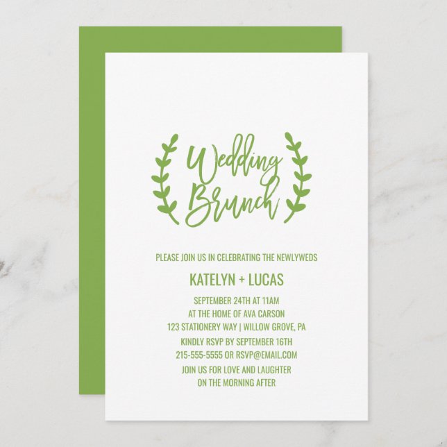 Invitation Chic Green Wreath Calligraphie Mariage Brunch (Devant / Derrière)