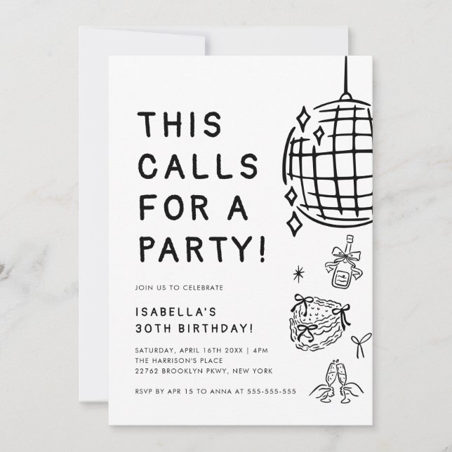 Invitation Chic Hand-Drawn 30e anniversaire fête (Devant)