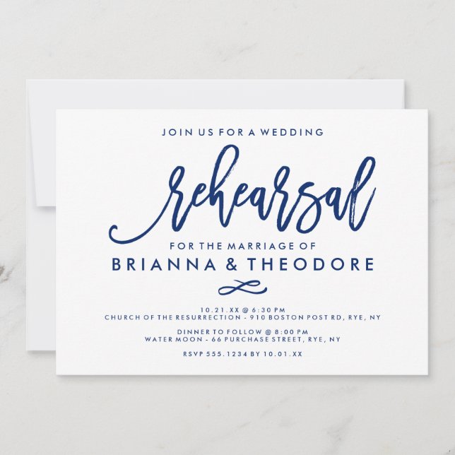 Invitation Chic Hand Lettré Mariage Rehearsal Navy (Devant)