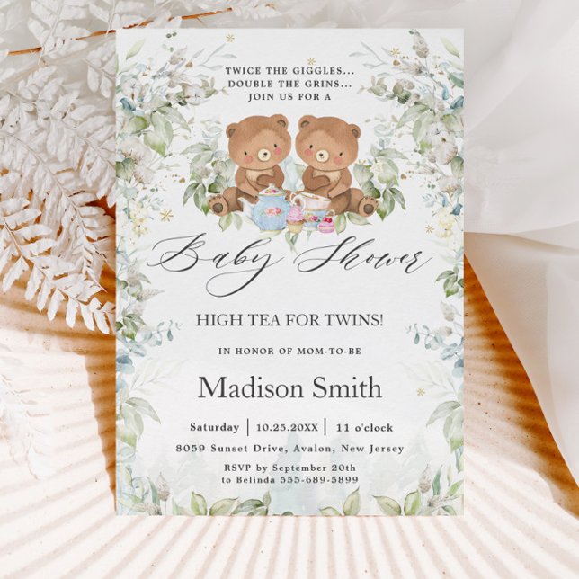 Invitation Chic High Tea Party Twins Baby showers Nounours (Créateur téléchargé)