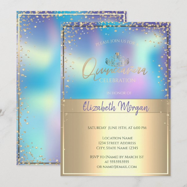 Invitation Chic Holographique Or Tiara, Diamonds Quinceañera (Devant / Derrière)