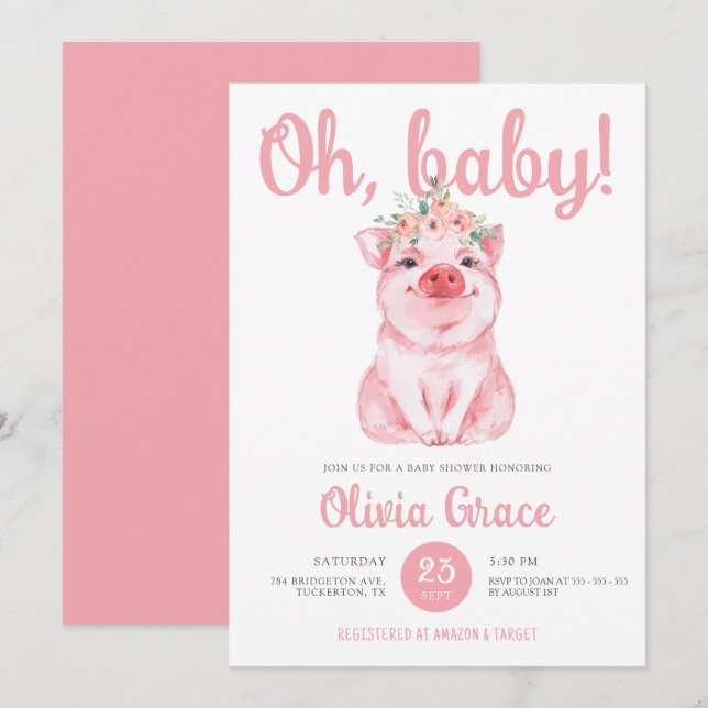 Invitation Chic Hot rose petit cochon Baby shower bébé fille  (Devant / Derrière)
