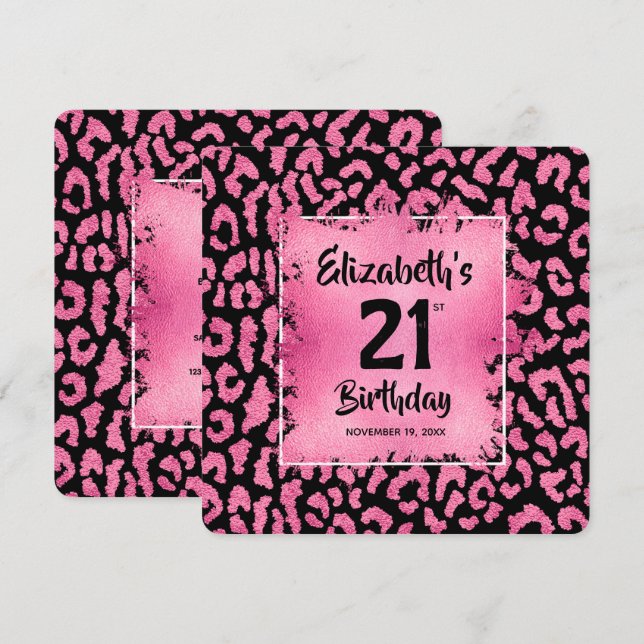 Invitation Chic Imprimé Léopard Rose Chaud 21e Anniversaire  (Devant / Derrière)