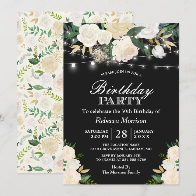 Invitation Chic ivoire Floral String lumières Anniversaire (Devant / Derrière)