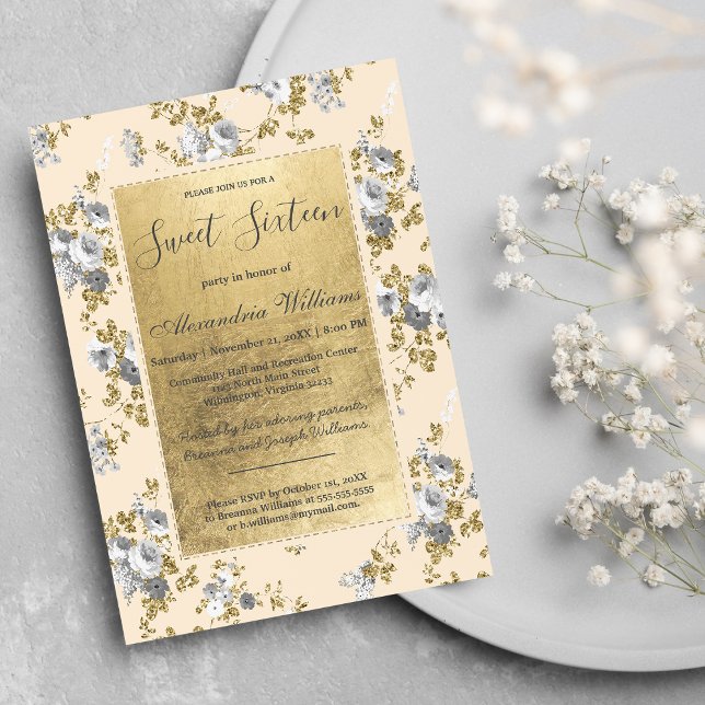 Invitation Chic ivoire gris or parties scintillant floral Swe (Chic ivory gray gold glitter floral Sweet 16 )