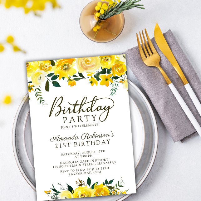 Invitation Chic Jaune Aquarelle Rose Floral 21e Anniversaire (Créateur téléchargé)