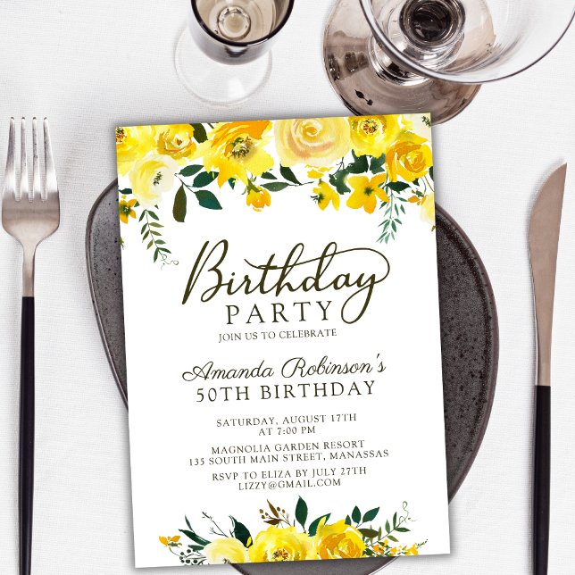 Invitation Chic Jaune Aquarelle Rose Floral 50e Anniversaire (Créateur téléchargé)