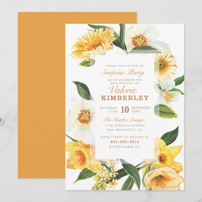 Invitation Chic Jaune Fête de Surprise Florale (Devant / Derrière)