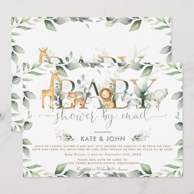 Invitation Chic Jungle Animaux Baby shower de verdure par mai (Devant / Derrière)