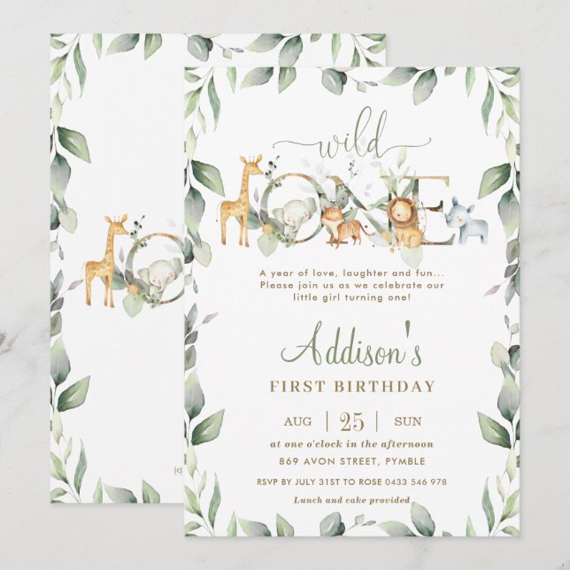 Invitation Chic Jungle Animaux Verdure 1er anniversaire Garço (Devant / Derrière)