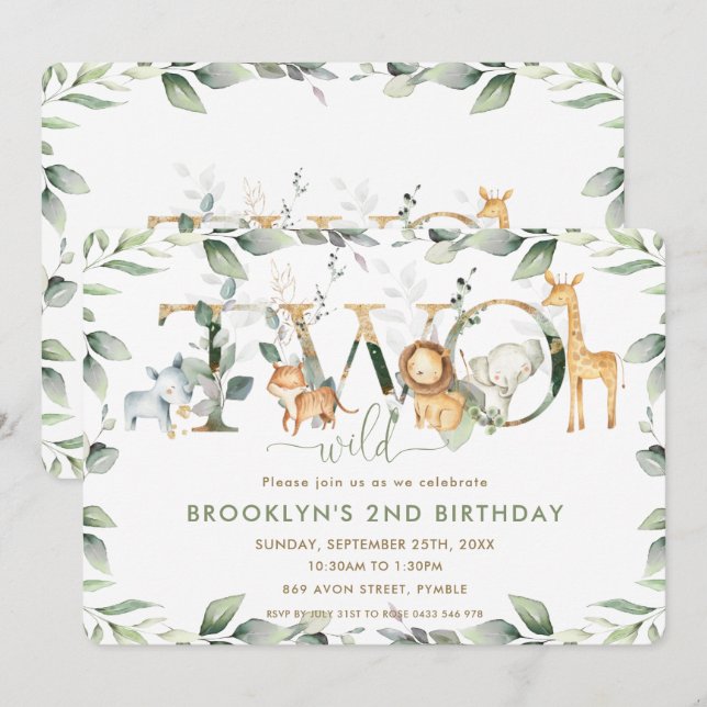 Invitation Chic Jungle Animaux Verdure 2e anniversaire Deux s (Devant / Derrière)