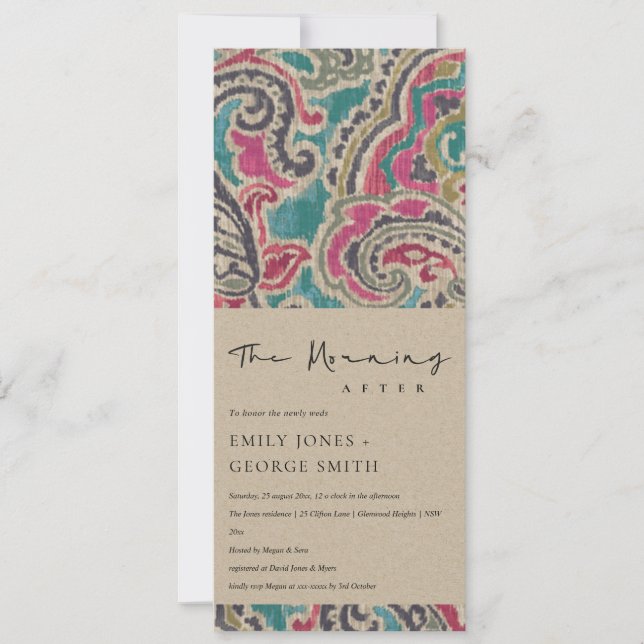 INVITATION CHIC KRAFT BOHO IKAT TRIBAL MOTIF MATIN APRÈS (Devant)