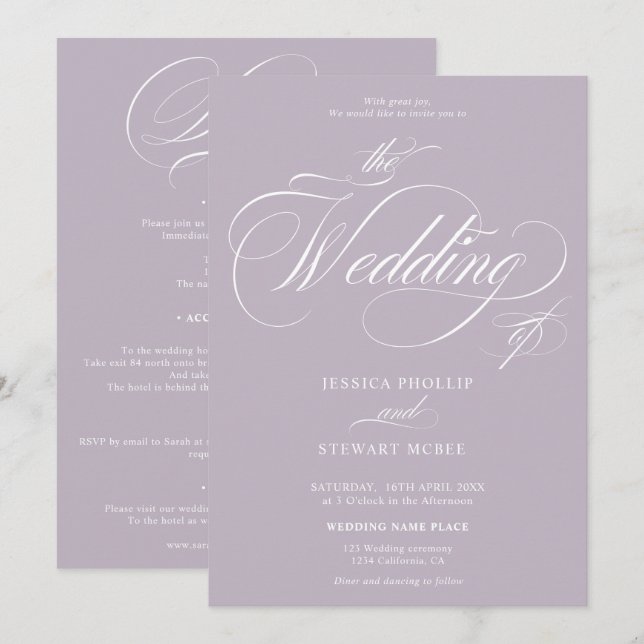 Invitation Chic lavande tout en un mariage de calligraphie (Devant / Derrière)