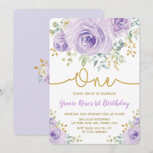 Invitation Chic Lavender Floral Rose Fille 1er Anniversaire