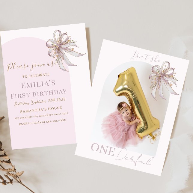 Invitation Chic Lavender Ribbon bow First birthday  (Créateur téléchargé)