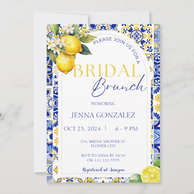 Invitation Chic Lemon Carrelage Bleu Méditerranéen Brunch nup (Devant)