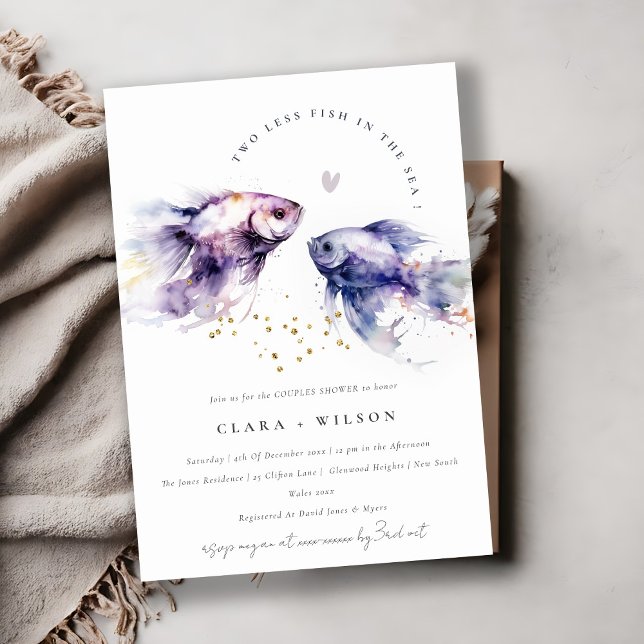 Invitation Chic Lilac Aquarelle Côtière Poisson Couples Douch (Créateur téléchargé)