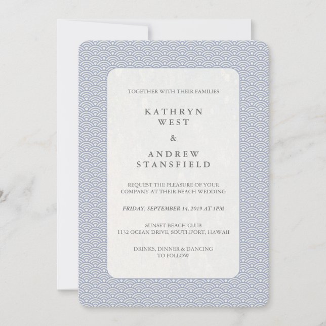 Invitation Chic Lilac-Bleu + Blanc Petit Motif Vague Mariage (Devant)