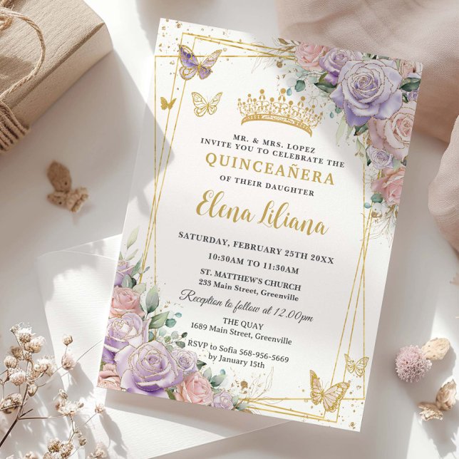 Invitation Chic Lilac Blush Floral Rose Quinceanera Sweet 16 (Créateur téléchargé)