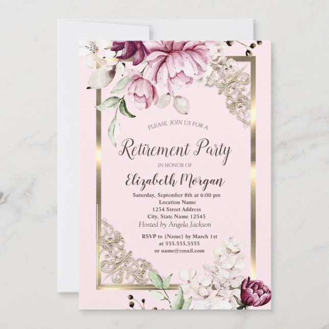 Invitation Chic Lilac Flowers Gold Frame Retraite (Devant)