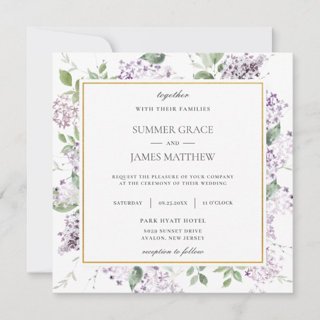 Invitation Chic Lilac Purple Floral Carré Mariage (Devant)