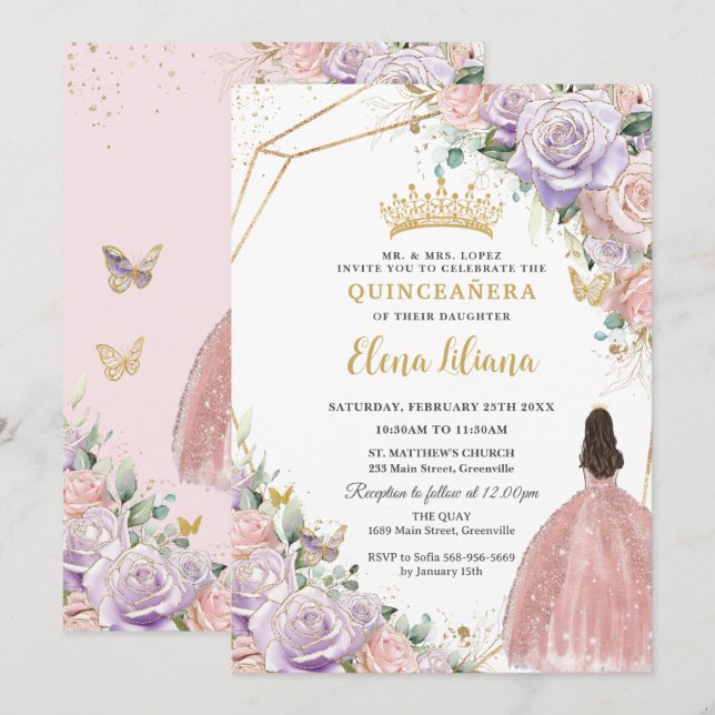 Invitation Chic Lilac rose Floral Rose Quinceanera Sweet 16 (Devant / Derrière)