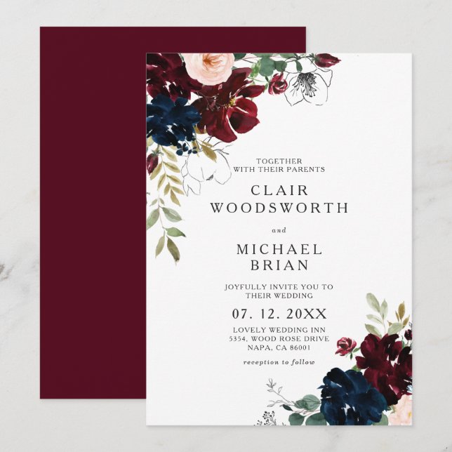Invitation Chic Line Art Croquis Burgundy Marine Floral Maria (Devant / Derrière)