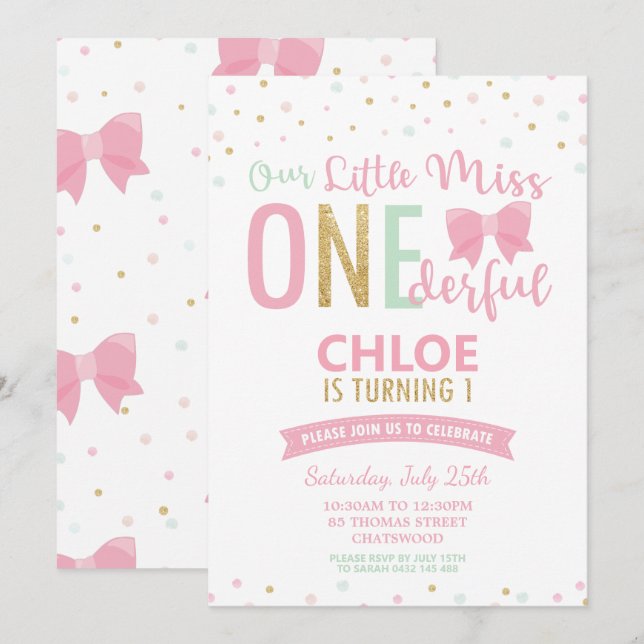 Invitation Chic Little Miss ONEderful 1er anniversaire Pink B (Devant / Derrière)