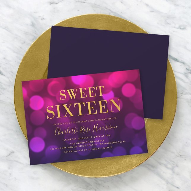 Invitation Chic Magenta Bokeh Lumières Sweet sixteen Annivers (Créateur téléchargé)