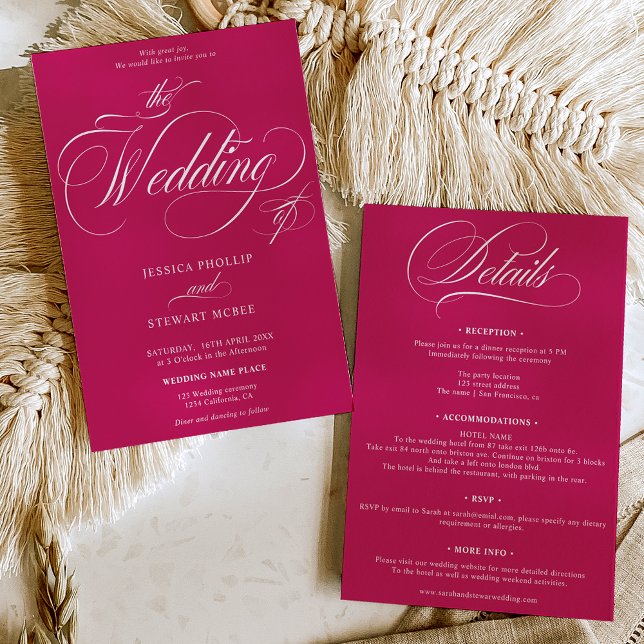 Invitation Chic magenta tout en un mariage de calligraphie (Chic magenta all in one calligraphy wedding invitation)
