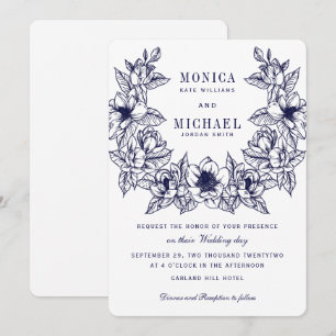 Invitation Chic Magnolia Wreath   Mariage bleu marine