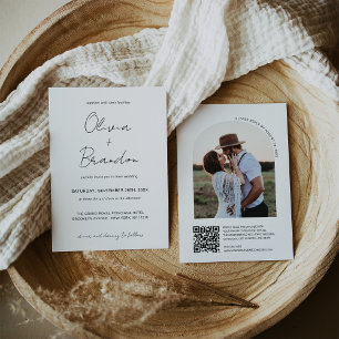 Invitation Chic manuscrit QR Code Arch Frame Photo Mariage
