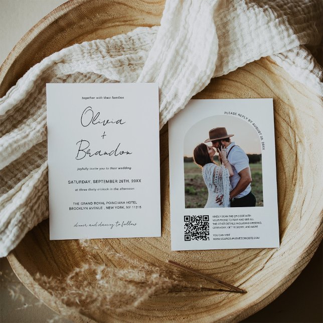 Invitation Chic manuscrit QR Code Arch Frame Photo Mariage (Chic Handwritten QR Code Arch Frame Photo Wedding Invitation)
