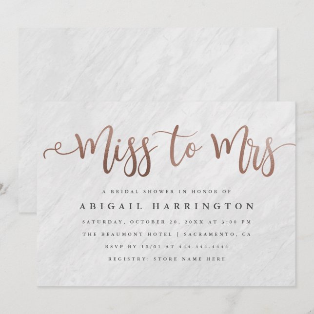 Invitation Chic Marble & Rose Gold Miss à Mme Fête de l'marié (Devant / Derrière)