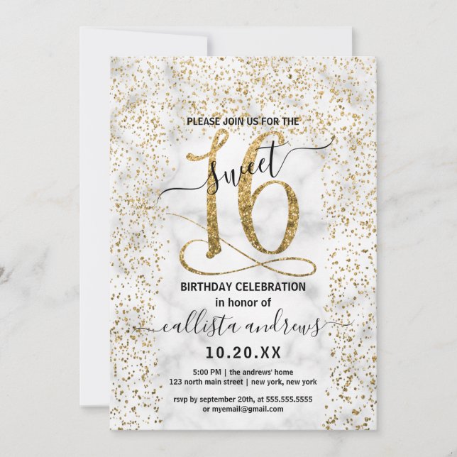 Invitation Chic Marbre Or Confetti Bordure Sweet 16 (Devant)